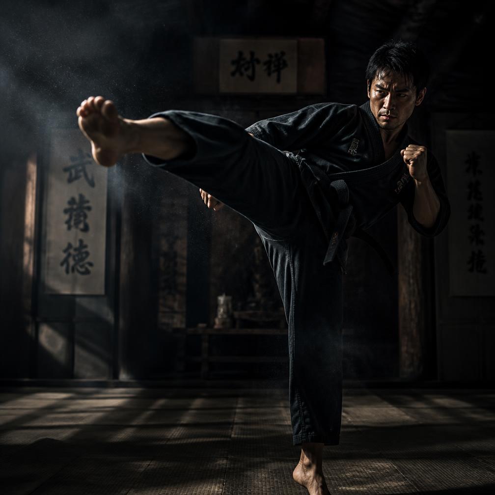 Lutador executando um chute alto em um dojo escuro